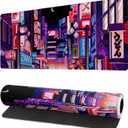 Dark Purple Japanese Gaming Mouse Pad Abstract Anime Mat 27.6x11.8 Inch Tokyo Pixel Street Texture Non-Slip Rubber Base Kawaii Mousepad Stitched Edges Keyboard Desk Pad for Office and Home Game