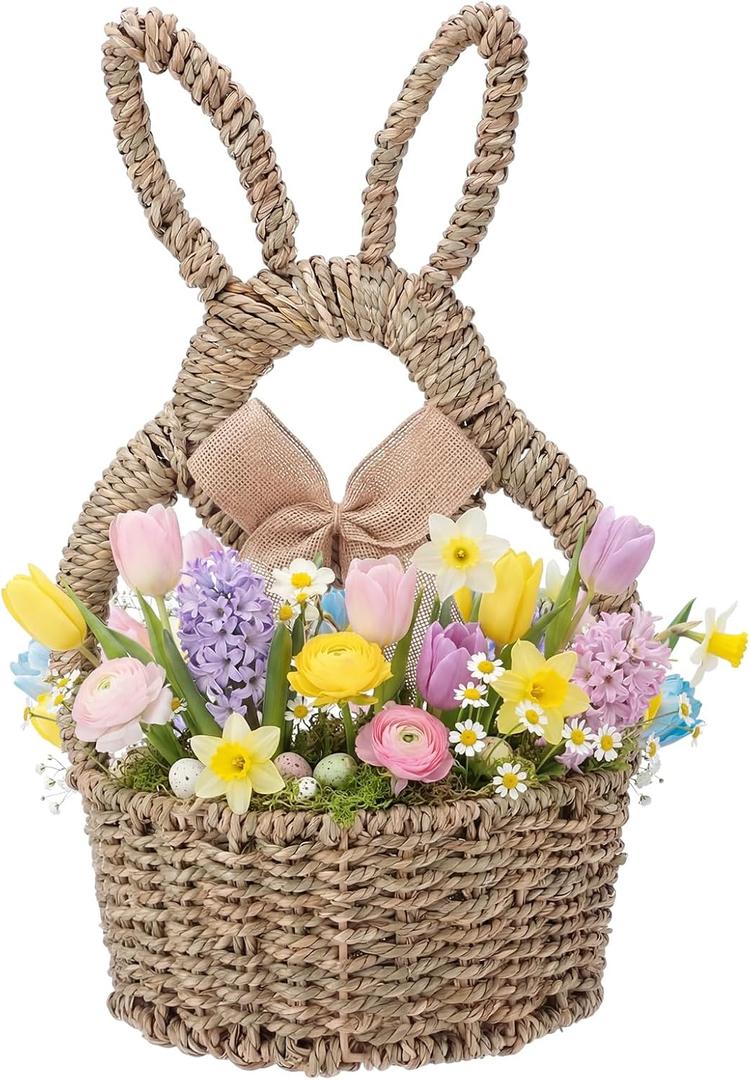 Reallnaive 16 x 9.4 x 3.9 Inch Easter Bunny Basket Hand Woven Wicker Rabbit Wreath Basket Hanging Wall Pocket Spring Wreath Decor with White Floral for Front Door Hanging Decoration