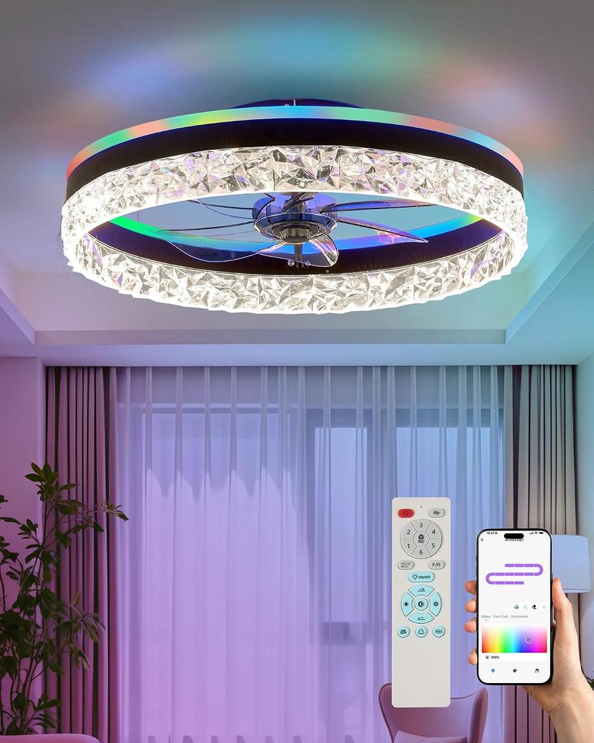 20" Bladeless Ceiling Fan with RGB Light and Remote/APP Control, Flush Mount Ceiling Fans Light with Reversible Mute Motor, Low Profile Enclosed Ceiling Fan for Bedroom/Kids Room/Kitchen (Black)