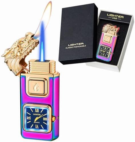 Torch Lighter, Smart Voice-Control Magic Dual Flame Dragon Lighter, Windproof with Visible Fuel Tank, Adjustable Flame Refillable Butane Lighters for Men Friends Gifts (Without Butane)-Rainbow-D