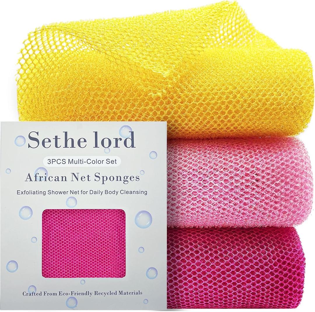 4 x African Net SpongesExfoliating Shower Net for Daily Body Cleansing, Recycled Materials Bath Sponge Exfoliator for Women & Men Coral Pink, 3 PCS