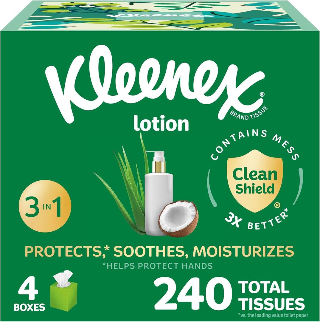 Kleenex Lotion Facial Tissues with Coconut Oil, 4 Cube Boxes, 60 Tissues Per Box, 3-Ply