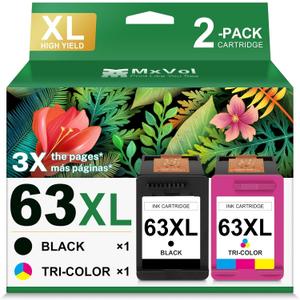 MxVol 63XL Ink Cartridge Replacement for HP Ink 63 XL HP63 High Yield Ink Compatible for HP Deskjet 1112 3637 3630 2130 Officejet 4650 3830 5200 5255 5258 Envy 4520 4510 2-Pack Black and Color