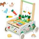 Wooden Baby Walker, Baby Push Walker, Adjustable Speed Baby Walker with Wheel, Toddler Activity Center Toys, Montessori Farm Walker Toy with Shape Sorter, Carrot Harvest for Boys and Girls