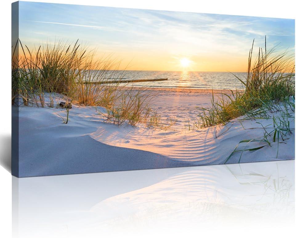Lapremoly Wall Decorations - Canvas Wall Art for Living Room, Bedroom & Office - Modern Wall Decor - Ocean View Seascape Prints & Paintings - Framed Mural Artwork for Home Decor (40"L x 20"W, Blue Sun Beach Grass Ocean Landscape)
