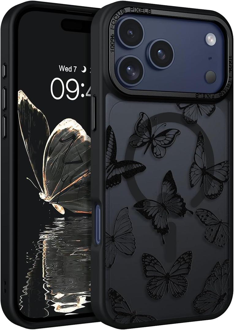 BENTOBEN for iPhone 17 Pro Max Case,Cute Butterfly Pattern 17ProMax Magnetic Case [Compatible with MagSafe] Translucent Matte Slim Shockproof Women Protective Cover for iPhone 17 Pro Max 6.9",Black