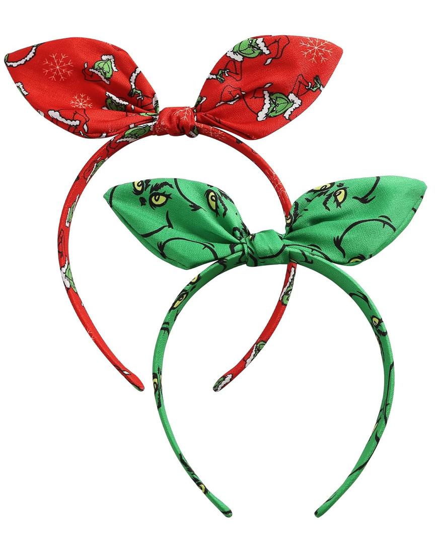 2PCS Christmas Bow Headband Green Monster Knotted Headwear Halloween Costume Hair Accessories New Year Party Gift (1 Count (Pack of 2))