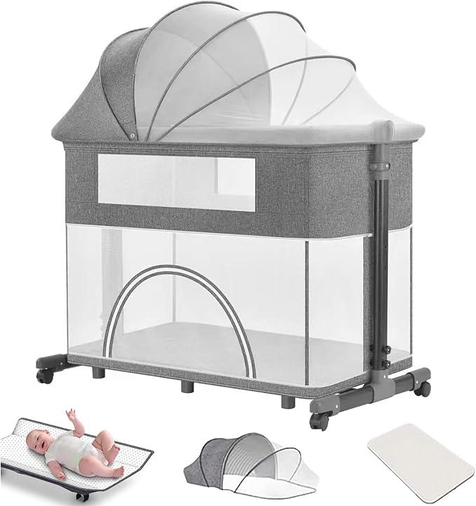 Patented Multifunctional 10 in 1 Portable Baby Crib Cot Cradle Bassinet Bedside Sleeper Swing Tilt Bed with Mosquito net And Mattress (Mink Grey) (Mink Grey)