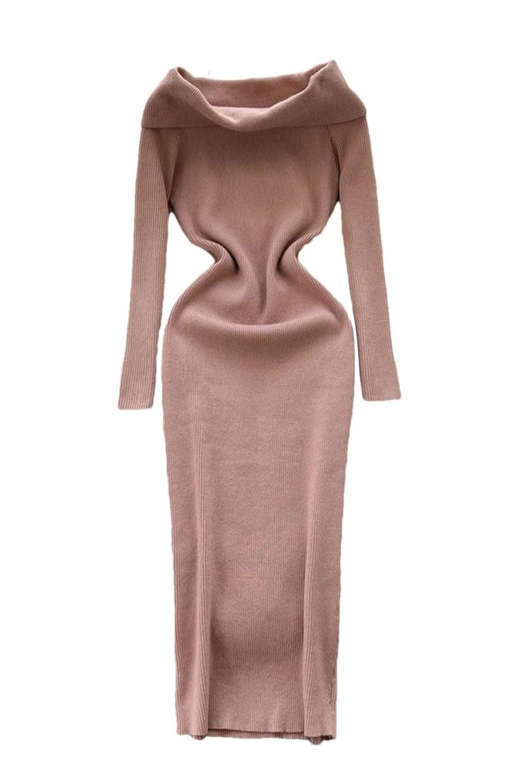 Winter Knitting Dress Off-Shoulder Long Sleeve Dresses Elastic Solid Women Basics Sweater Dress.S