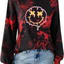 Remidoo Women's Tie Dye Long Sleeve T Shirt Graphic Tees Crewneck Oversized T-shirts Red Small (Red)