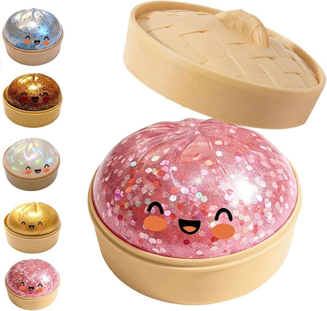 Giant Dumpling Stress Ball, Big Squishy Steamed Bun Glitter Fidget Toy with Steamer, Helps with Stress Relief, Soft Squeeze Ball for Kids and Adults (Pink Glitter)