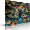 Framed Retro Monet Water Lilies With Funny Black Cat Canvas Prints Wall Art Water Lilies Pictures Paintings Poster Canvas Wall Decor for Living Room Bedroom Wall Decorations Ready to Hang (12''X16'')