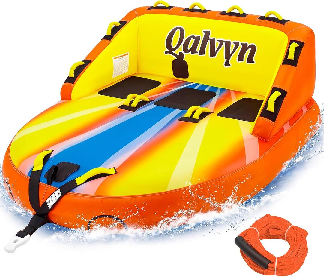 1-3 Person Inflatable Towable Tubes for Boating – Heavy-Duty Nylon Cover, EVA Foam Pads, Dual Tow Points for Easy Pulling, Patented Speed Valve for Quick Setup, 3 Person Large