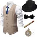 Gionforsy 1920s Mens Costume Gatsby Gangster Vest Fedora Hat Suspenders Bow Tie Costume Accessories Set (Small, Beige)