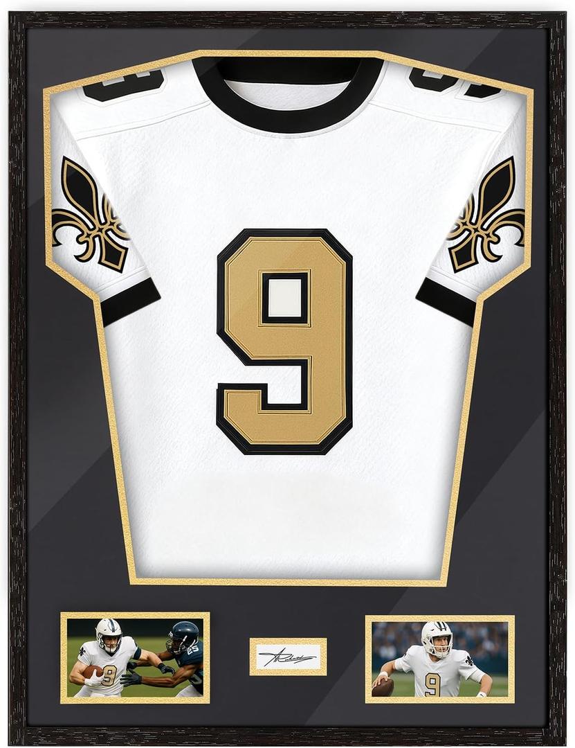 Jersey Frame Display Case for Football,Solid Wood Shadow Box with PET Transparent Protection,Two Photo Frame One Signature for Baseball, Basketball, Hockey, Uniforms - Black Walnut Finish