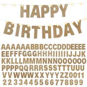 TaoBary 112 Pcs DIY Letter Kit Glitter Customizable Banner Letters Include 107 Letters and Numbers 3 Rope and 2 Needles for Birthday Halloween Christmas Wedding Valentine Party Decor (Champagne Gold)