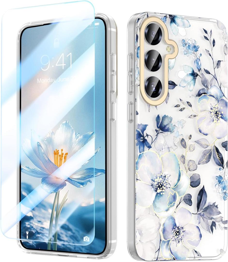 MILPROX for Samsung Galaxy S26 Case 6.3 inch - Slim Fit Floral Cover, Elegant Feminine Gray Blue Flowers Design for Samsung S26 Case, Anti-Yellowing Cute Funda for Women and Girls, Blossom