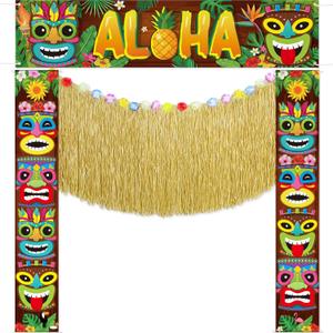 4 Pcs Hawaiian Tiki Party Decorations Set Tiki Totem Door Banner Signs Aloha Grass Door Skirt Hanging Decor Luau Party Decor for Summer Tropical Birthday Beach Pool Party Supplies(Aloha)