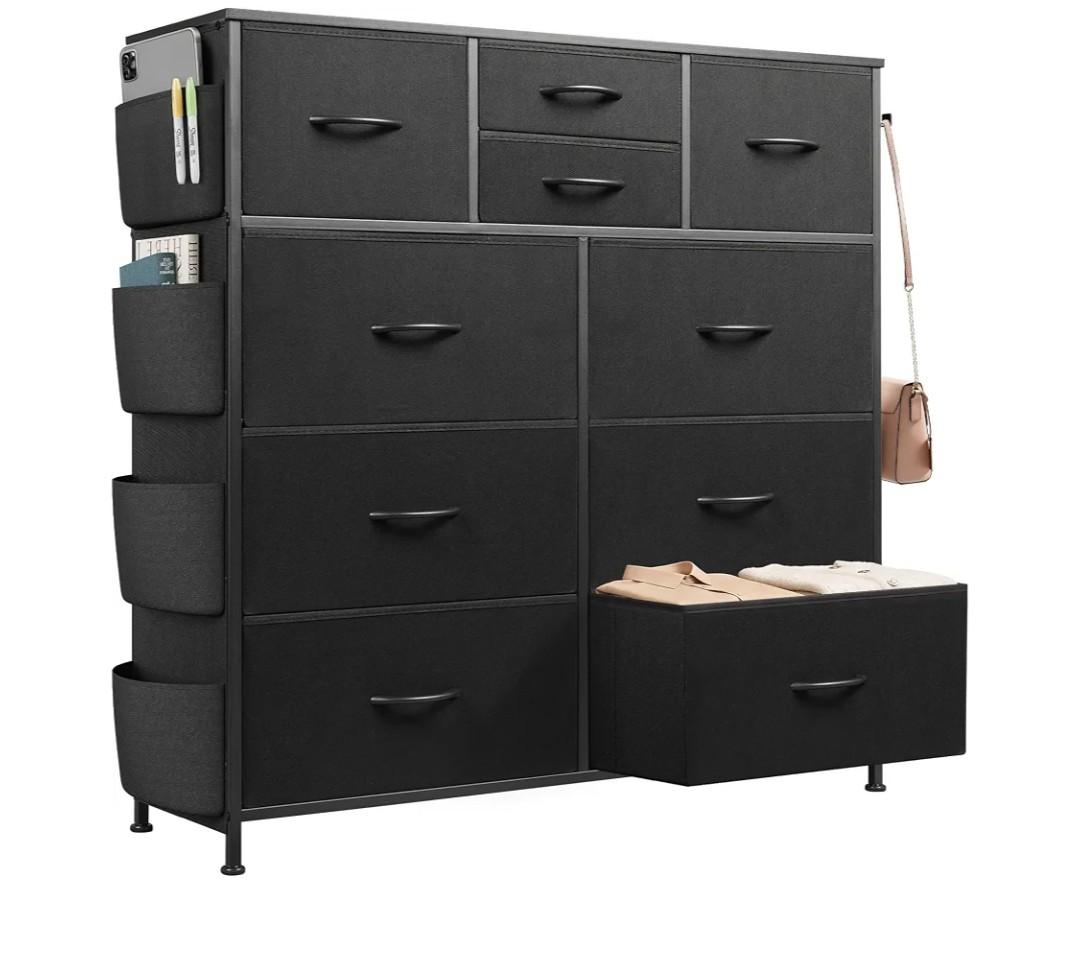WLIVE 10 Drawer Black Fabric Dresser for Bedroom, Side Pocket & Hooks ChestFabric chest of drawers, steel frame, side pockets & hooks. Sleek modern storage for bedroom, closet, living room.