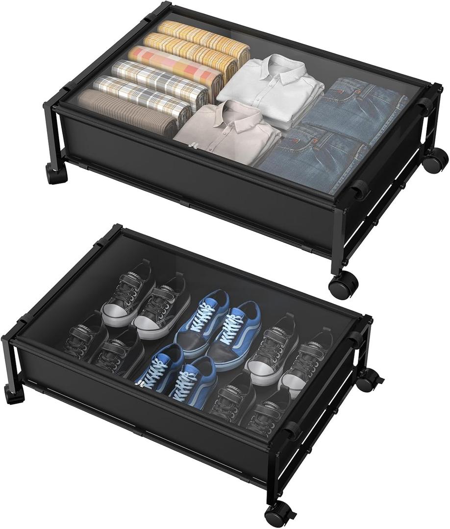 2 Pack Under Bed Storage with Wheels,Under Bed Shoe Storage Organizer Drawer with Clear Lid Cover,Under Bed Storage Containers for Bedroom Blankets Books,Space-saving Under Bed Bins Drawer