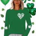 St Patricks Day Shirt for Women Lucky Shamrock T-Shirt Long Sleeve Irish Clover Heart Tee Top (Green, S)