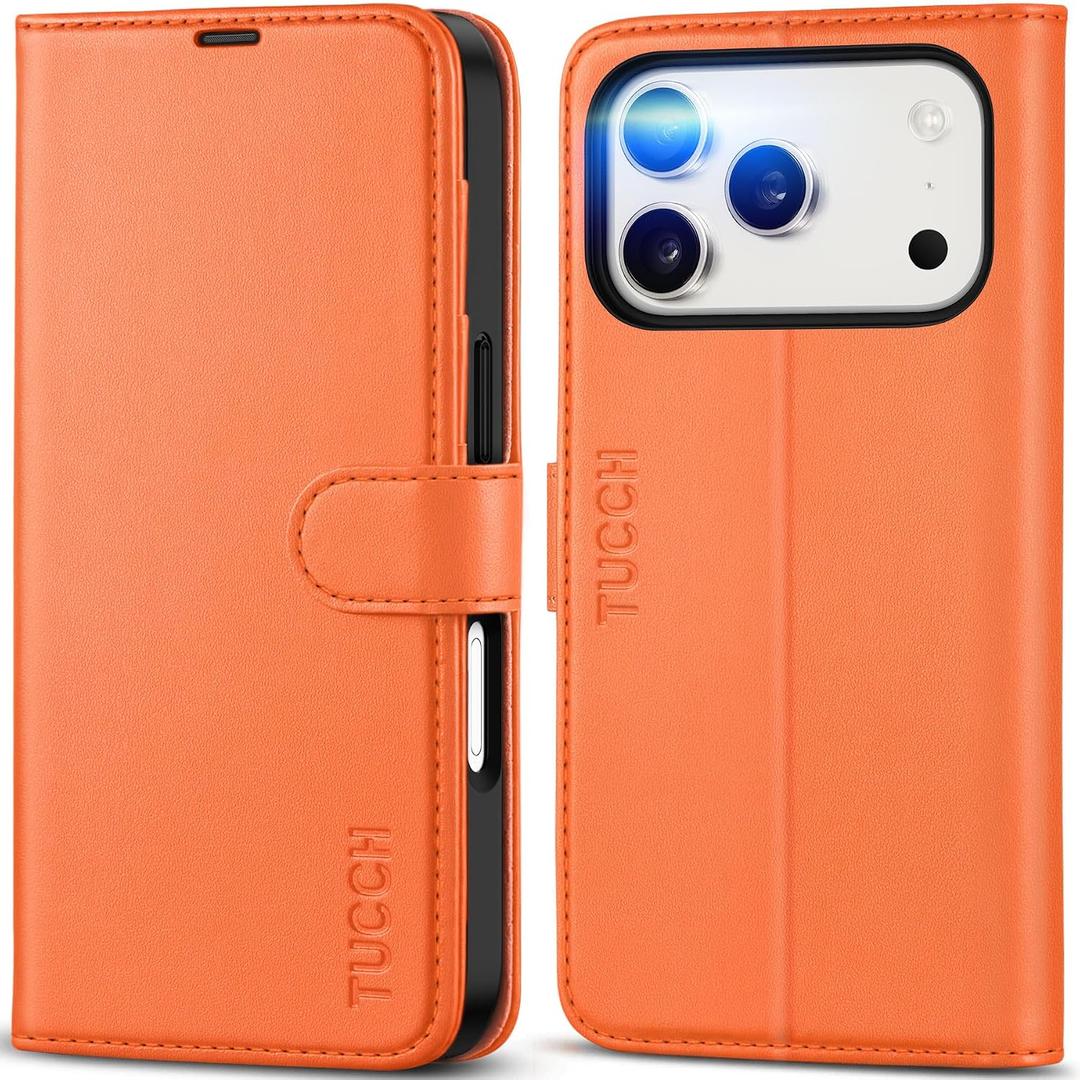 TUCCH Wallet Case for iPhone 17 Pro (6.3") 2025, 4 Card Holders, RFID Blocking, Stand, Shockproof TPU Shell, PU Leather, Magnetic Closure, Protective Flip Folio Cover, Orange