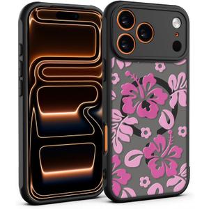 for iPhone 17 Pro Case, Black Floral Flower Pattern Case [Compatible with MagSafe] [Translucent Matte] Cute Slim Shockproof Protective Women Girls iPhone Case, Pink Hibiscus Flower