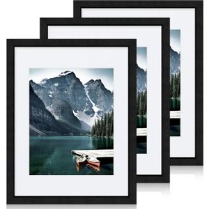 Hongkee 11x14 Picture Frames set of 3, Made of Glass and Black Wooden Photo frame - Displays 8x10 Picture with Mat or 11 x 14 Poster without Mat, Wall Collage Frame set