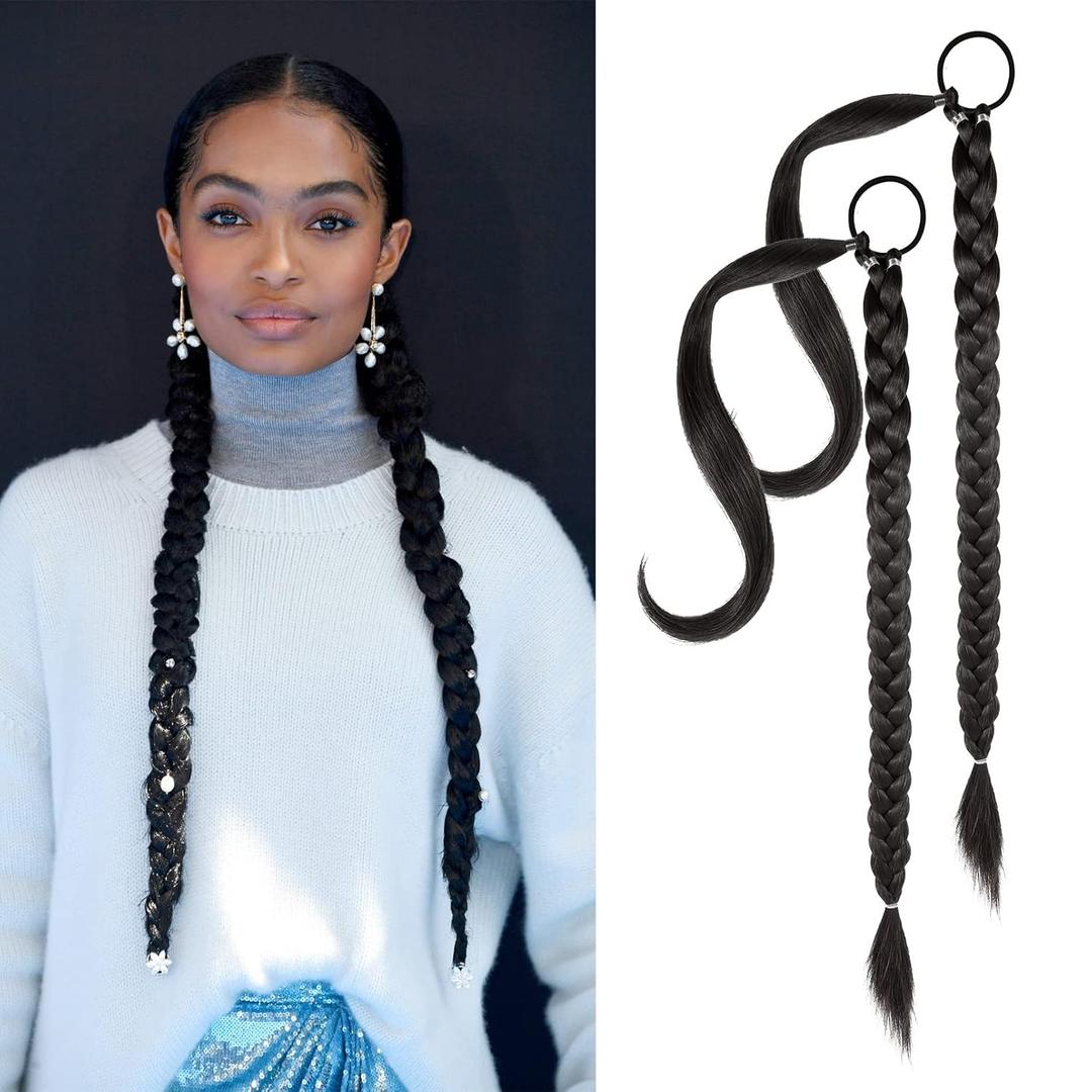 YOGFIT 2PCS DIY Braid Ponytail Extension, Long Straight Wrap Around Ponytail Hair Extensions Natural Soft Synthetic Hairpieces for Women Daily Wear (24 Inch, Black)