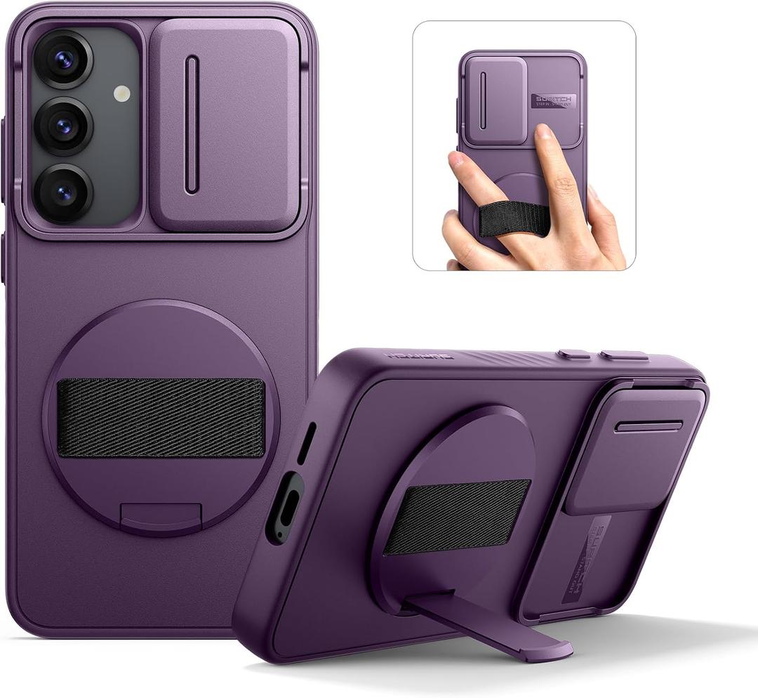 SURITCH for Samsung Galaxy S25 Case with 360 Rotatable Hand Strap Phone Grip & Invisible Kickstand & Slide Camera Cover, Rugged Shockproof Protective Cover for S25 -Dark Purple