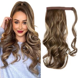 CJL HAIR 18" Long Ponytail Hair Extension Wrap Around Pony Tail Clip in Curly Wavy Synthetic Fake Hairpiece for Women Ash Medium Brown/Ash Blonde