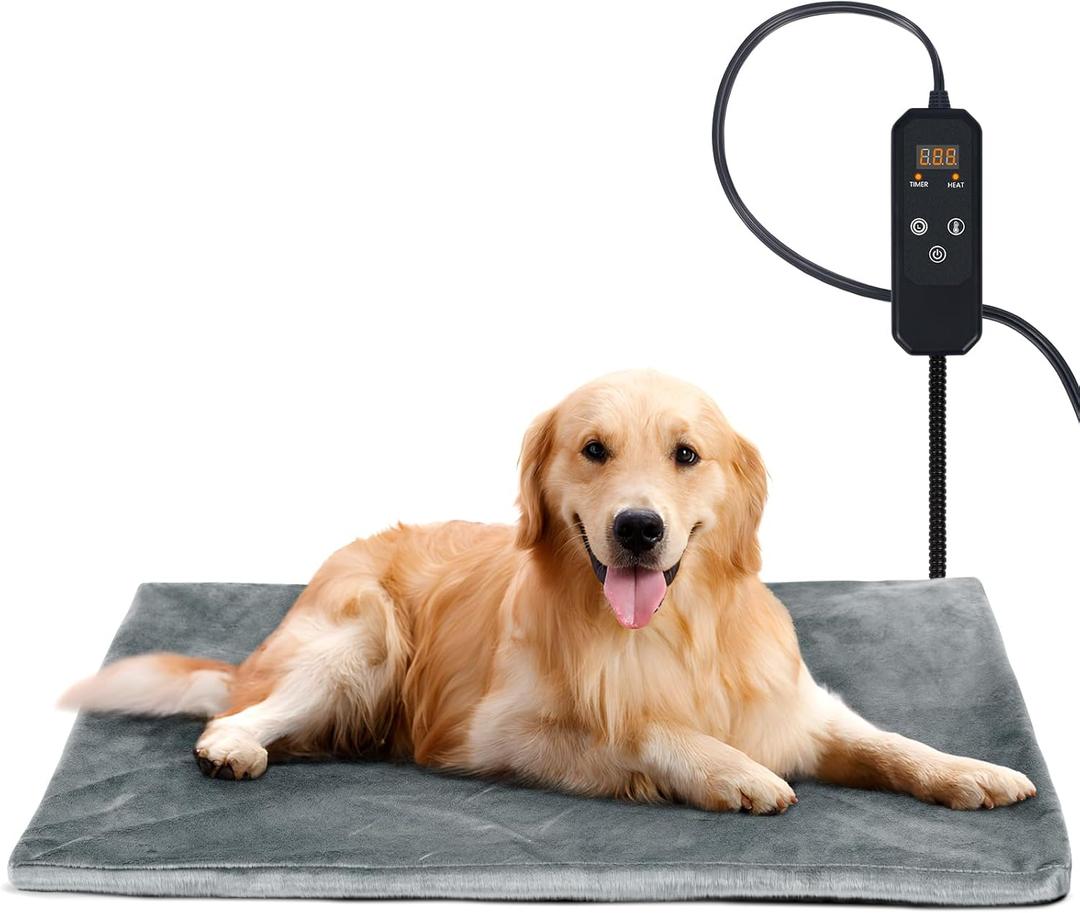 Niubya Pet Heating Pad for Dogs and Cats, Adjustable Temperature and Waterproof Pet Heated Mat with Timer, Electric Heating Pet Bed with Chew Resistant Cord and Soft Washable Cover, 35" x 24" (Grey)