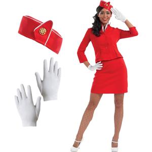 fun shack Flight Attendant Costume Women Red, Retro Airline Stewardess Outfit for Women, Vintage Stewardess Attire (Large)