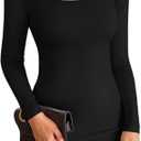 VICHYIE Women Square Neck Ribbed Bodycon Tight Dress Long Sleeve Mid Thigh Pencil Above Knee Dresses Small