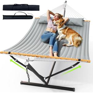 ANAGOO Double Hammock with Stand, Heavy Duty Outdoor Hammock for Two, 500 LBS Capacity, Stable Steel Frame with Balance Strap, Easy Tool-Free Assembly for Patio, Garden, Backyard & Beach,Dark Grey