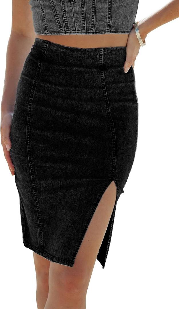Womens Denim Pencil Skirt High Waisted Knee Length Side Split Hem Stretch Jean Skirts for Women (Small, Black)