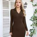 VICHYIE Women Lapel Neck Ribbed Bodycon Tight Fall Dress Long Sleeve Mid Thigh Pencil Above Knee Dresses (Brown, M)