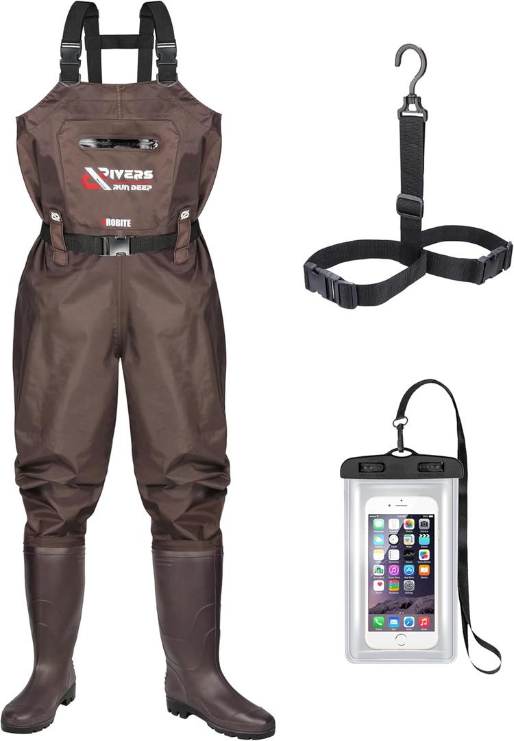 Probite Fishing Chest Waders for Men Women with Boots Waterproof 2-ply Nylon PVC Lightweight Waders for Hunting(M8/ W10, Brown)