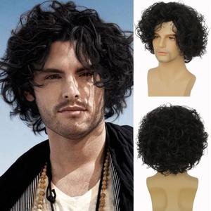 Swiking Curly Short Black Men Wigs Layered Wig Fluffy with Bang Halloween Party Cosplay Costume Hair Synthetic Wigs for MaleBlack