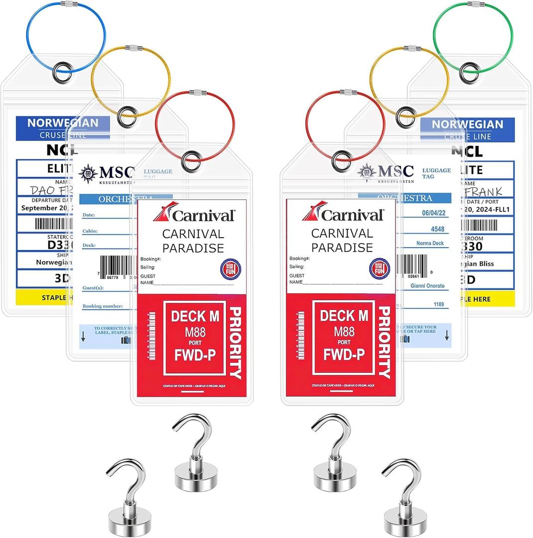 6-Pack Cruise Luggage Tag Holders&4 Magnetic Hooks, 2026 Cruise Essentials | for Carnival MSC NCL All Cruise Ship Clear Tags,Durable Cruise Must Haves with Steel Loops & Zip Sea