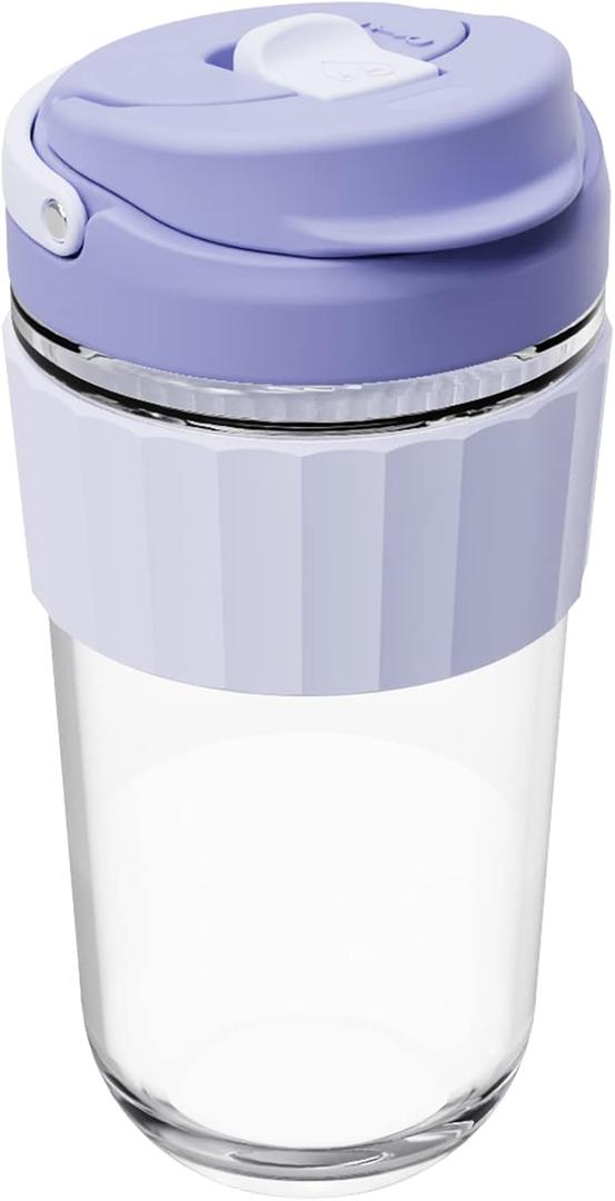 Leak-proof Glass Coffee Mug with Lid Lock, 17 oz Reusable Coffee Cup with Handle, BPA-free, Microwave and Dishwasher Safe (Lavender)