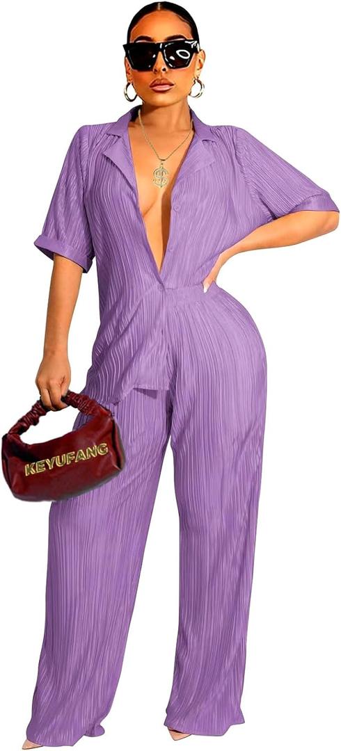 KEYUFANG 90s 2 Piece Outfits for Women Trendy Short Sleeve Linen Shirt Wide Leg Casual Flare Pants Suit Purple, Large
