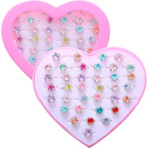 36pcs Little Girl Rhinestone Gem Rings,Adjustable,Random Color Style Diamond Kids Play Rings in Box,Pretend Play and Dress Up Rings for 4-12 Year Old Girl Birthday Gifts, 3 4 5 6 7 8 9 10 11 12