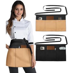 Slohif Reversible Server Apron 6 Pockets - Waist Apron for Waitress Women Half Serving Short Apron for Waiter