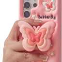 Cute 3D Butterfly Pop-Up Stand and Grip Phone Case for Samsung Galaxy S24 Plus, Kawaii Cartoon Soft Silicone Phone Cover, Adorable Girly Design for Girls, Kids, Teens, and Women
