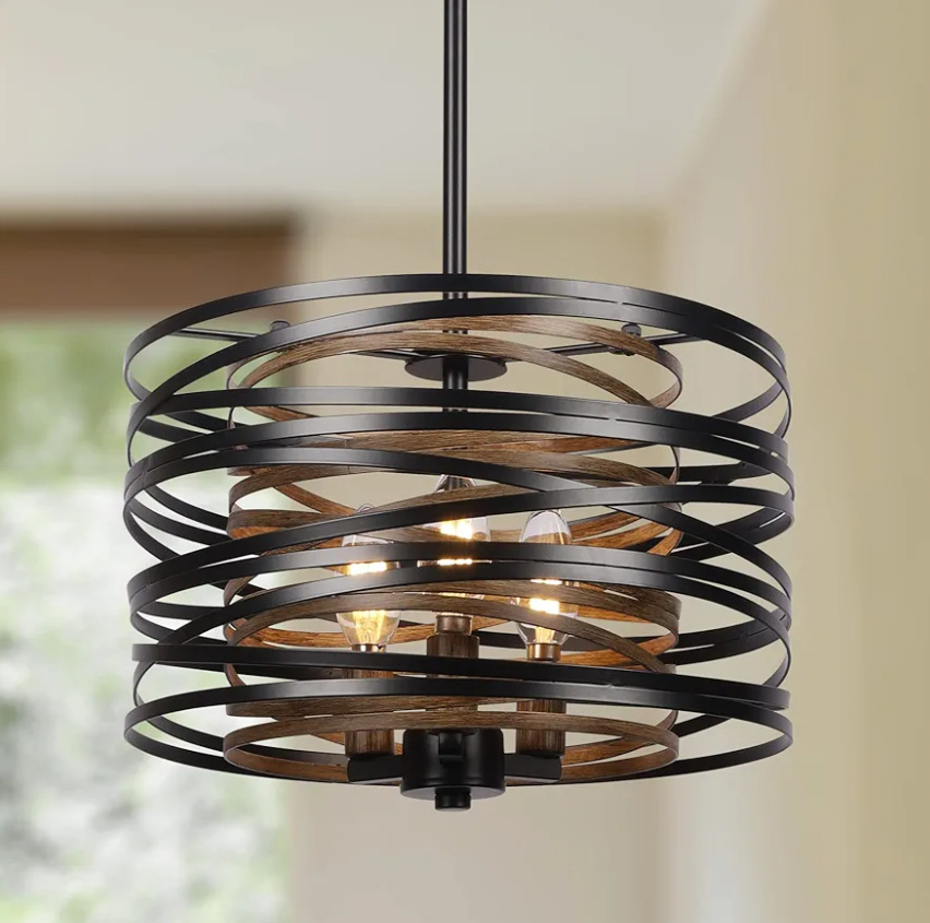 12.6'' Farmhouse Chandeliers for Dining Room, 3-Light Industrial Metal Hanging Light Fixture, Rustic Drum Pendant Light for Entryway Kitchen Foyer Bedroom, Black with Retro Wood Texture Interior