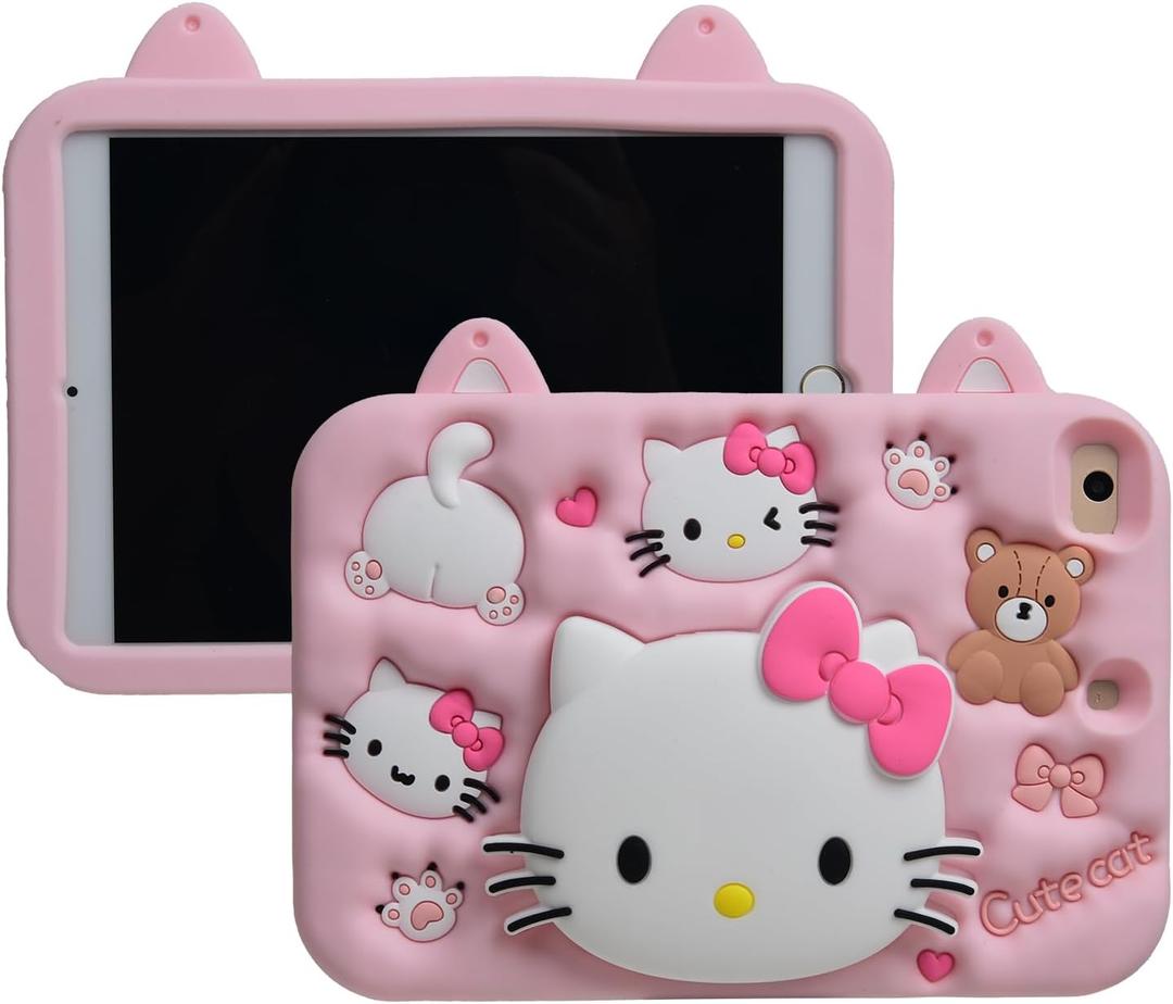 Cartoon Case for iPad 10.2"MONEHOYSY Cute Soft Silicone Kickstand [Drop Proof,Shock Proof,Anti Slip] Back Stand Cover Case for Kids Children Teens Girls Boys (Kitty-1)