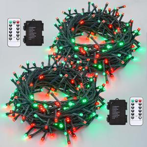 YEGUO Christmas Lights Battery Operated, 2 Pack Each 33ft 100 LED Red and Green String Lights Outdoor Waterproof, 8 Modes Green Wire Fairy Light Indoor with Remote