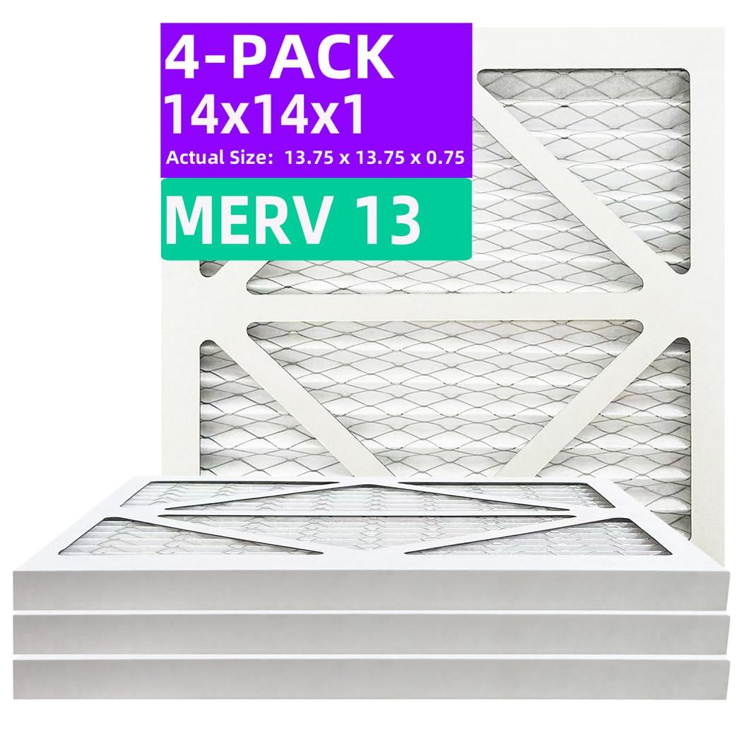 14x14x1 MERV 13 (4-Pack) Pleated Air Filter (Actual Size: 13.75" x 13.75" x 0.75") MPR 1900 & FPR 10, Furnace Air Filters