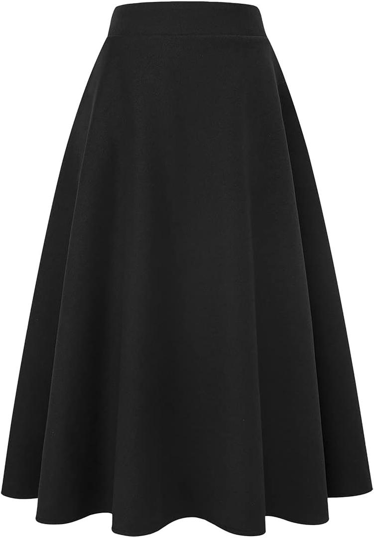 IDEALSANXUN Womens Plaid Wool Skirts Elastic Waist A-Line Pleated Tartan Long Skirts (Black)